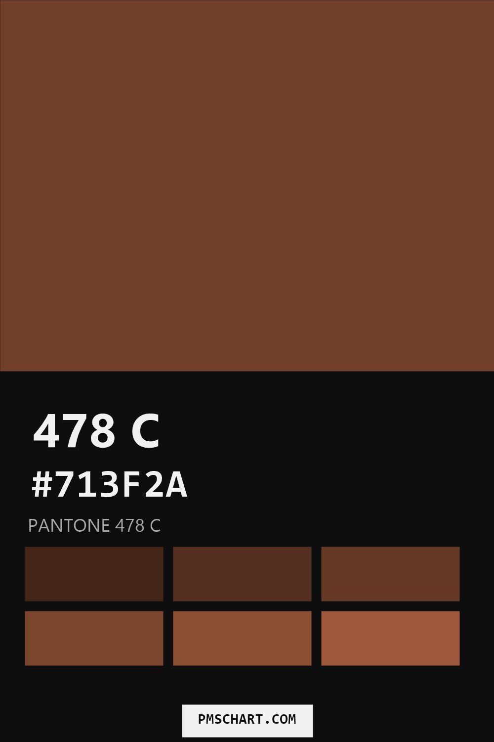 Pantone 478 C color reference card (HEX #713F2A) with six nearest Pantone matches