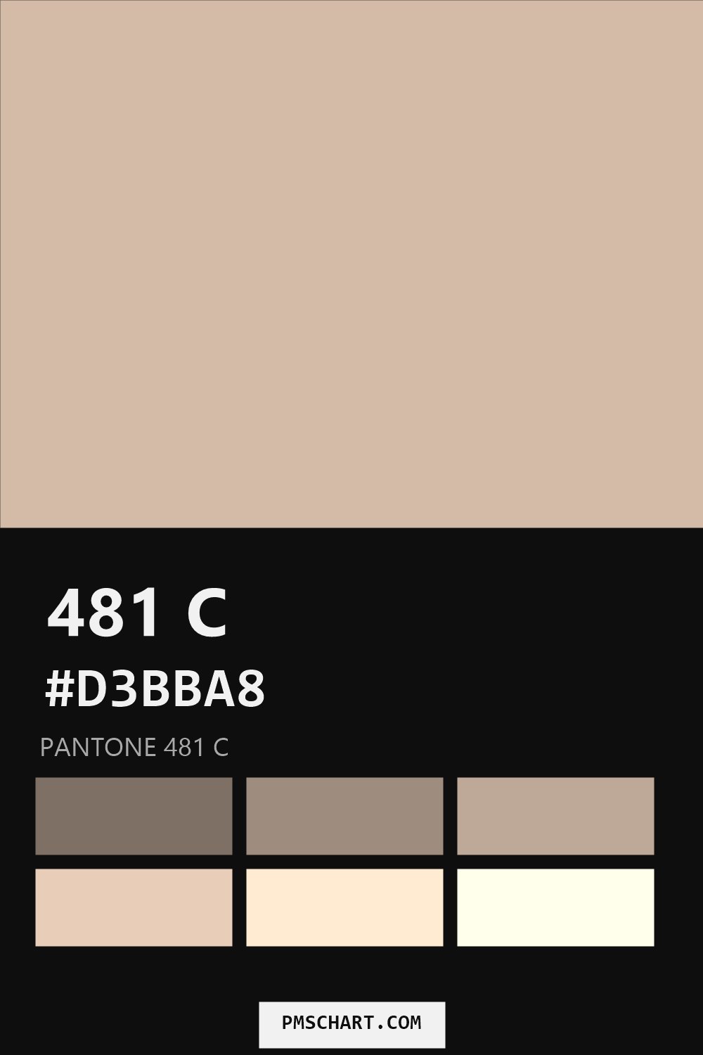 Pantone 481 C color reference card (HEX #D3BBA8) with six nearest Pantone matches