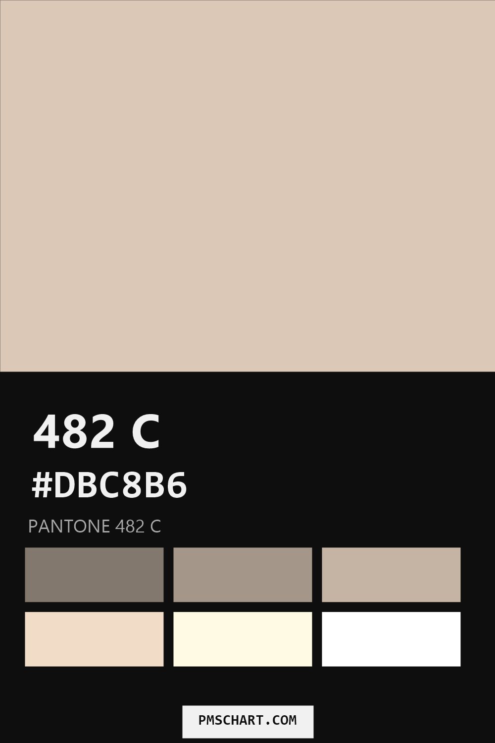 Pantone 482 C color reference card (HEX #DBC8B6) with six nearest Pantone matches