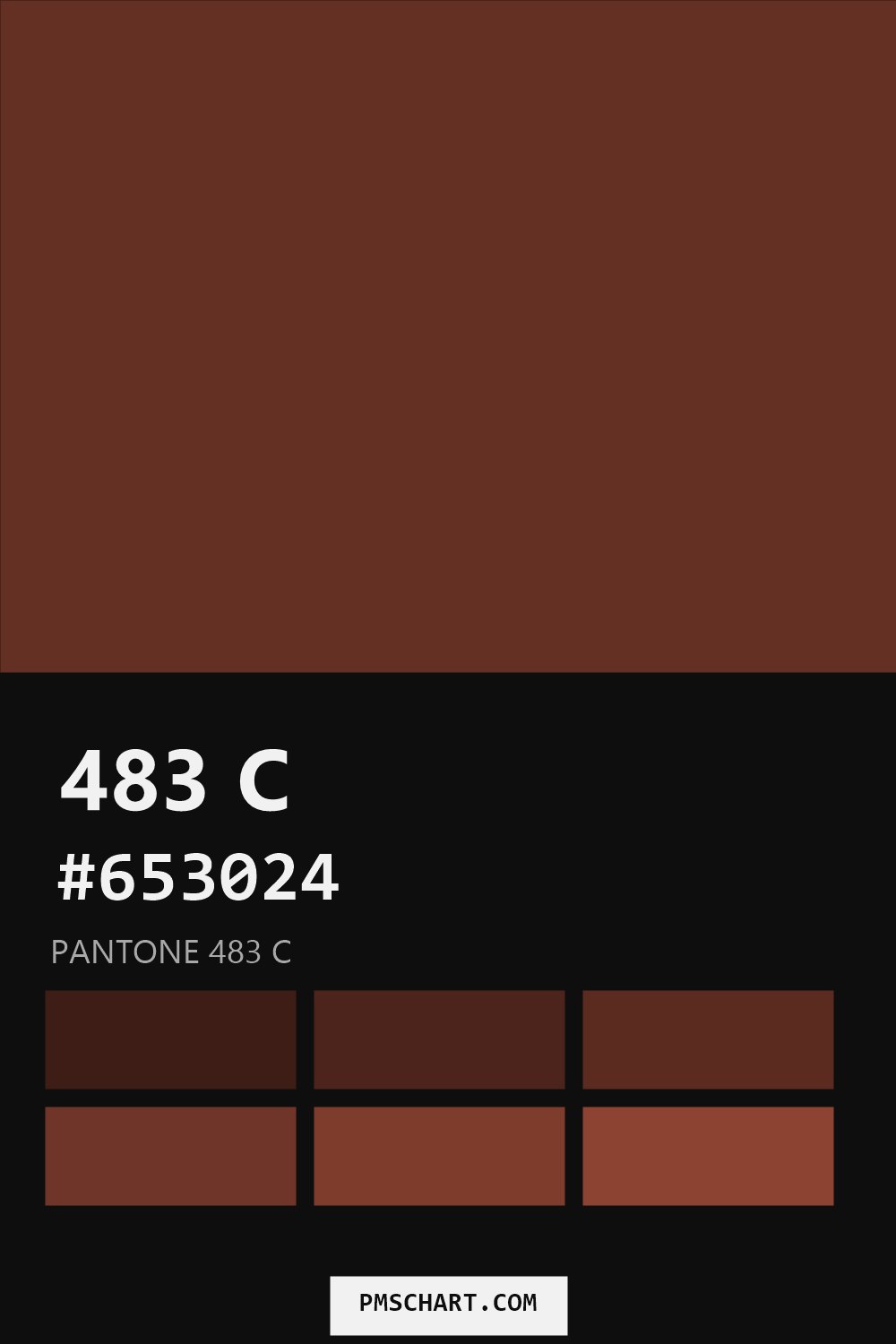 Pantone 483 C color reference card (HEX #653024) with six nearest Pantone matches