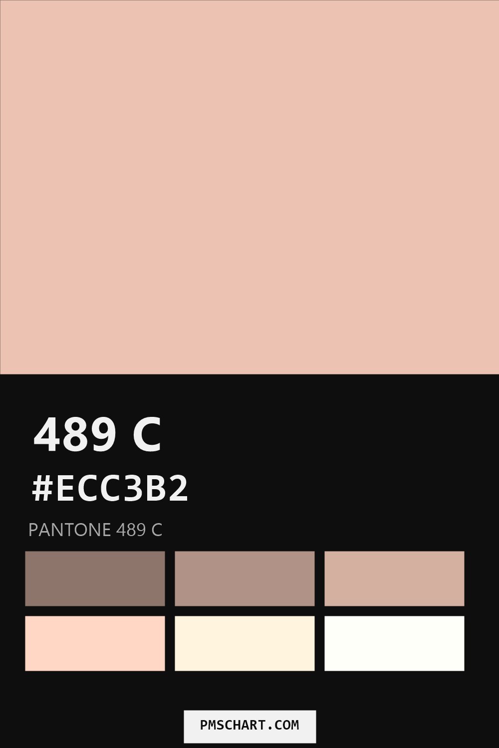 Pantone 489 C color reference card (HEX #ECC3B2) with six nearest Pantone matches