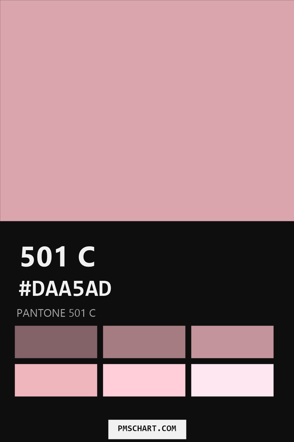 Pantone 501 C color reference card (HEX #DAA5AD) with six nearest Pantone matches