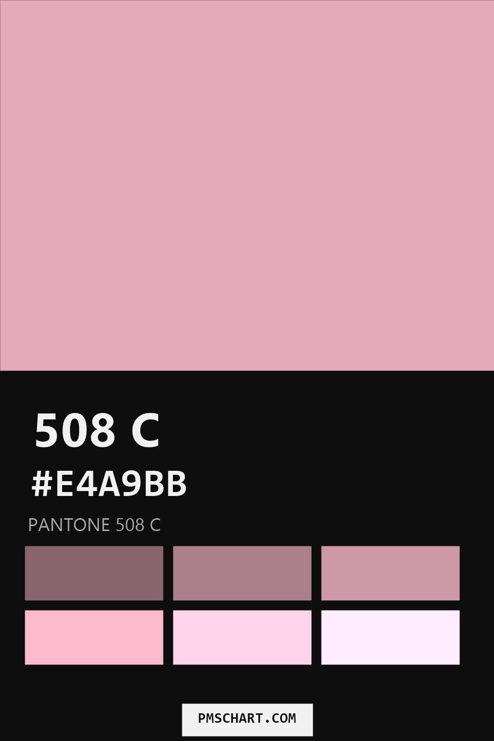 Pantone 508 C color reference card (HEX #E4A9BB) with six nearest Pantone matches