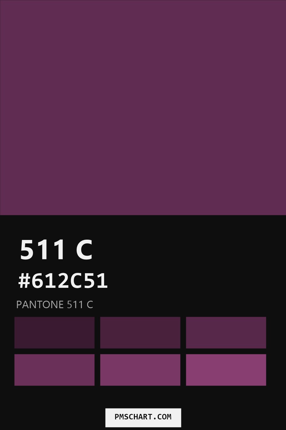 Pantone 511 C color reference card (HEX #612C51) with six nearest Pantone matches