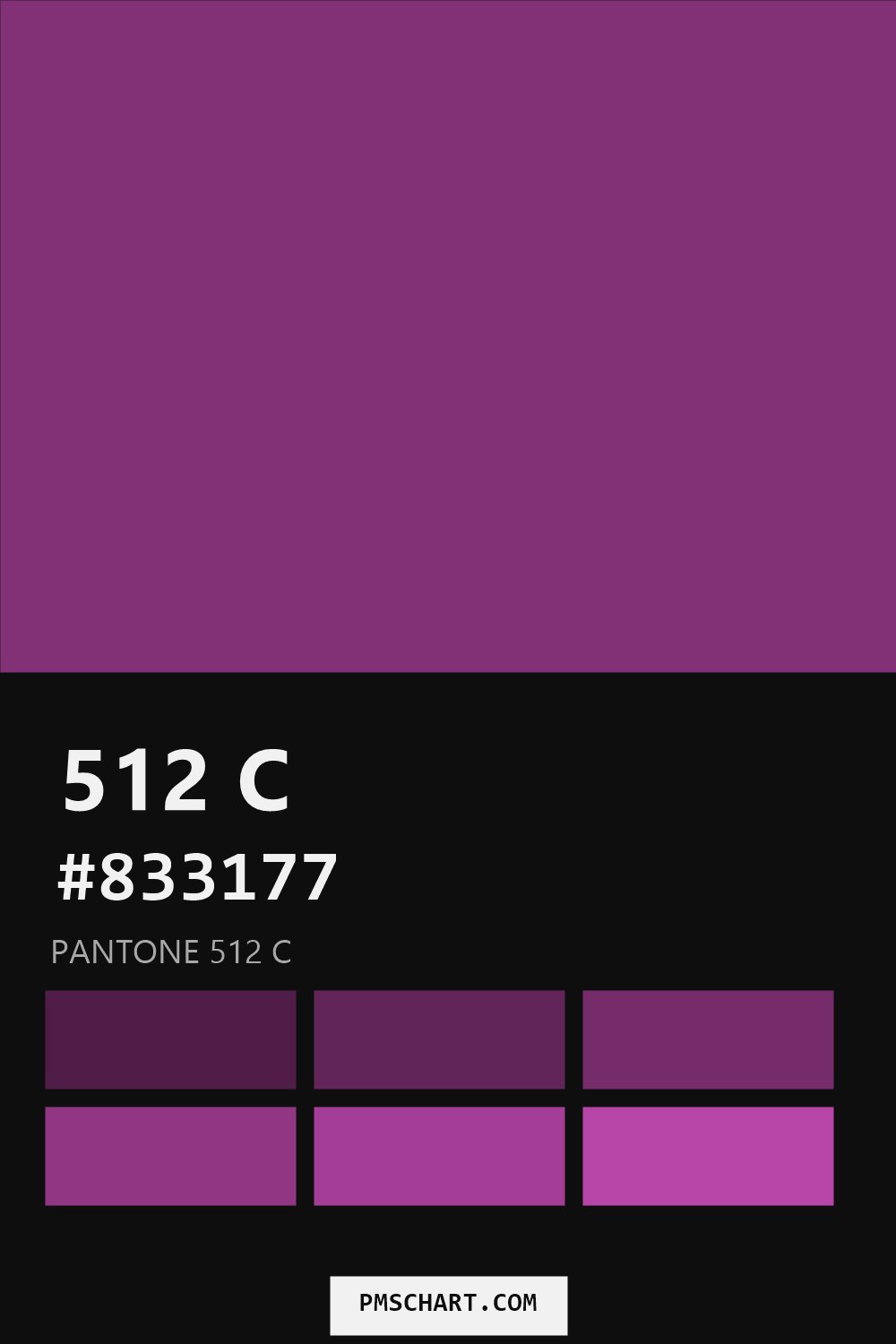 Pantone 512 C color reference card (HEX #833177) with six nearest Pantone matches