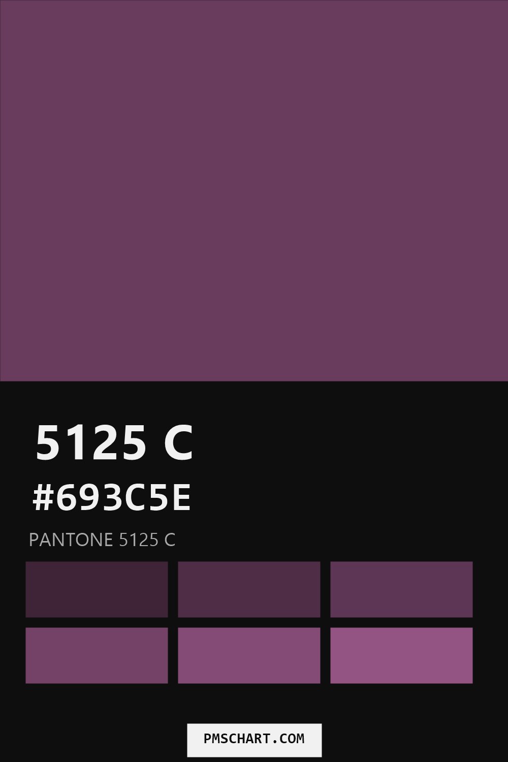 Pantone 5125 C color reference card (HEX #693C5E) with six nearest Pantone matches