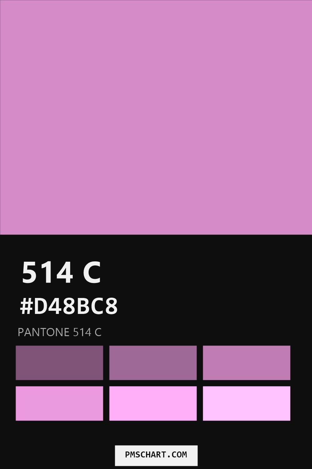 Pantone 514 C color reference card (HEX #D48BC8) with six nearest Pantone matches