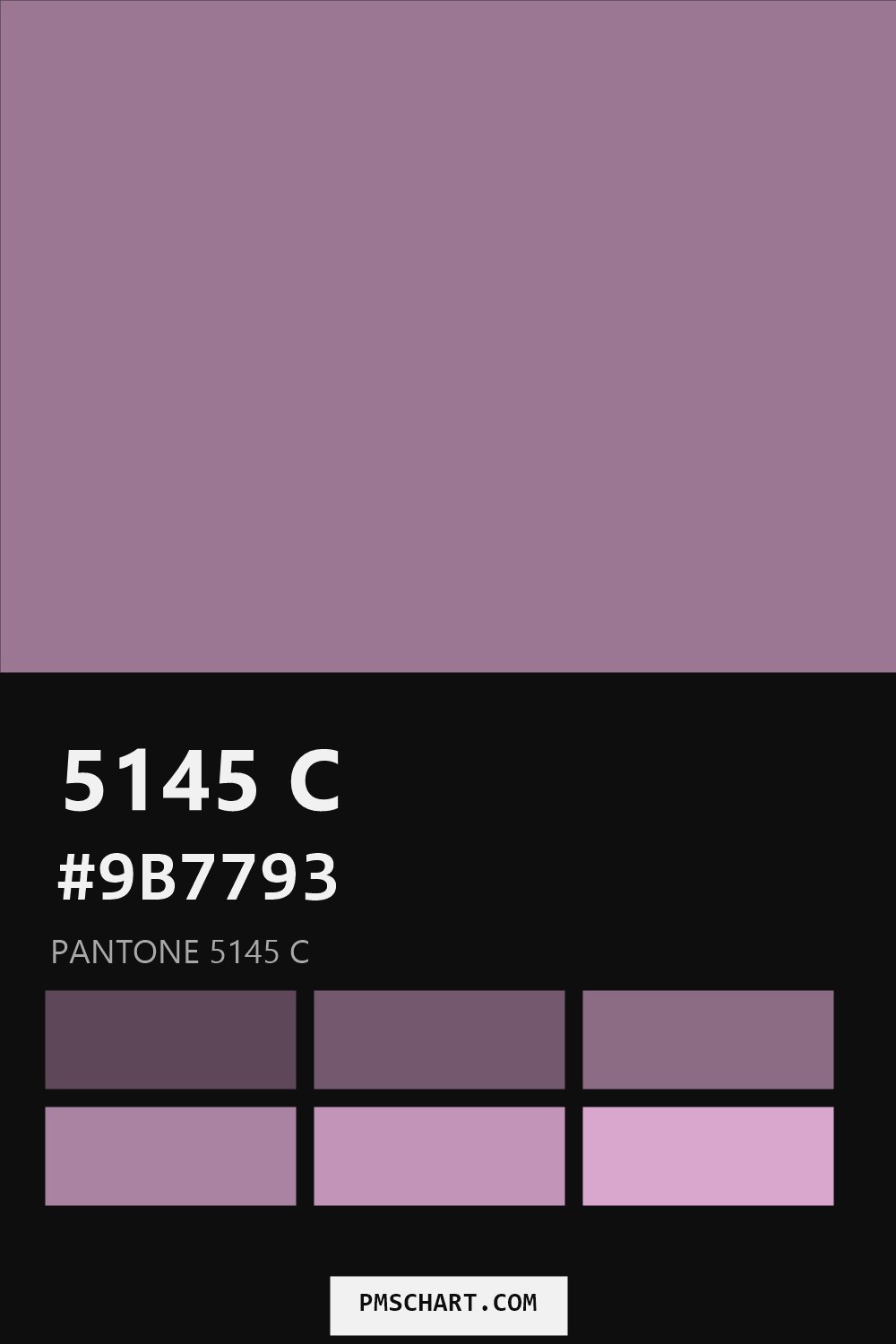 Pantone 5145 C color reference card (HEX #9B7793) with six nearest Pantone matches