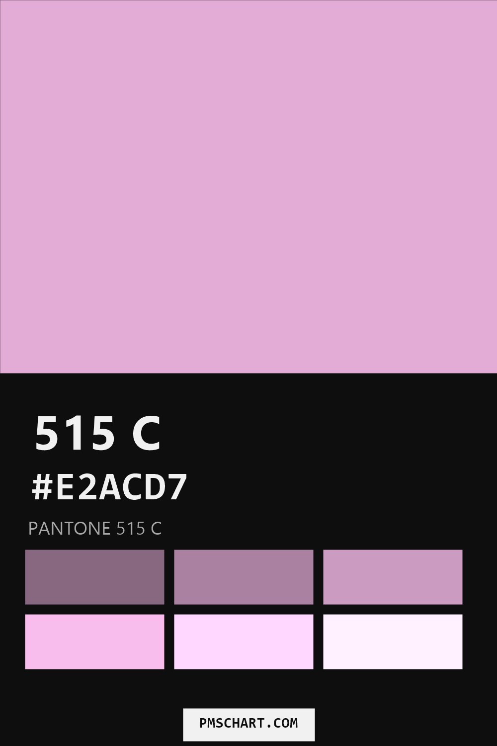 Pantone 515 C color reference card (HEX #E2ACD7) with six nearest Pantone matches