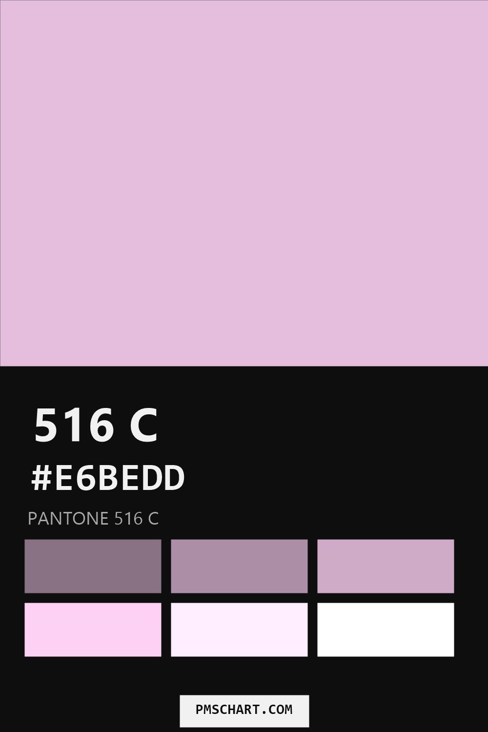 Pantone 516 C color reference card (HEX #E6BEDD) with six nearest Pantone matches