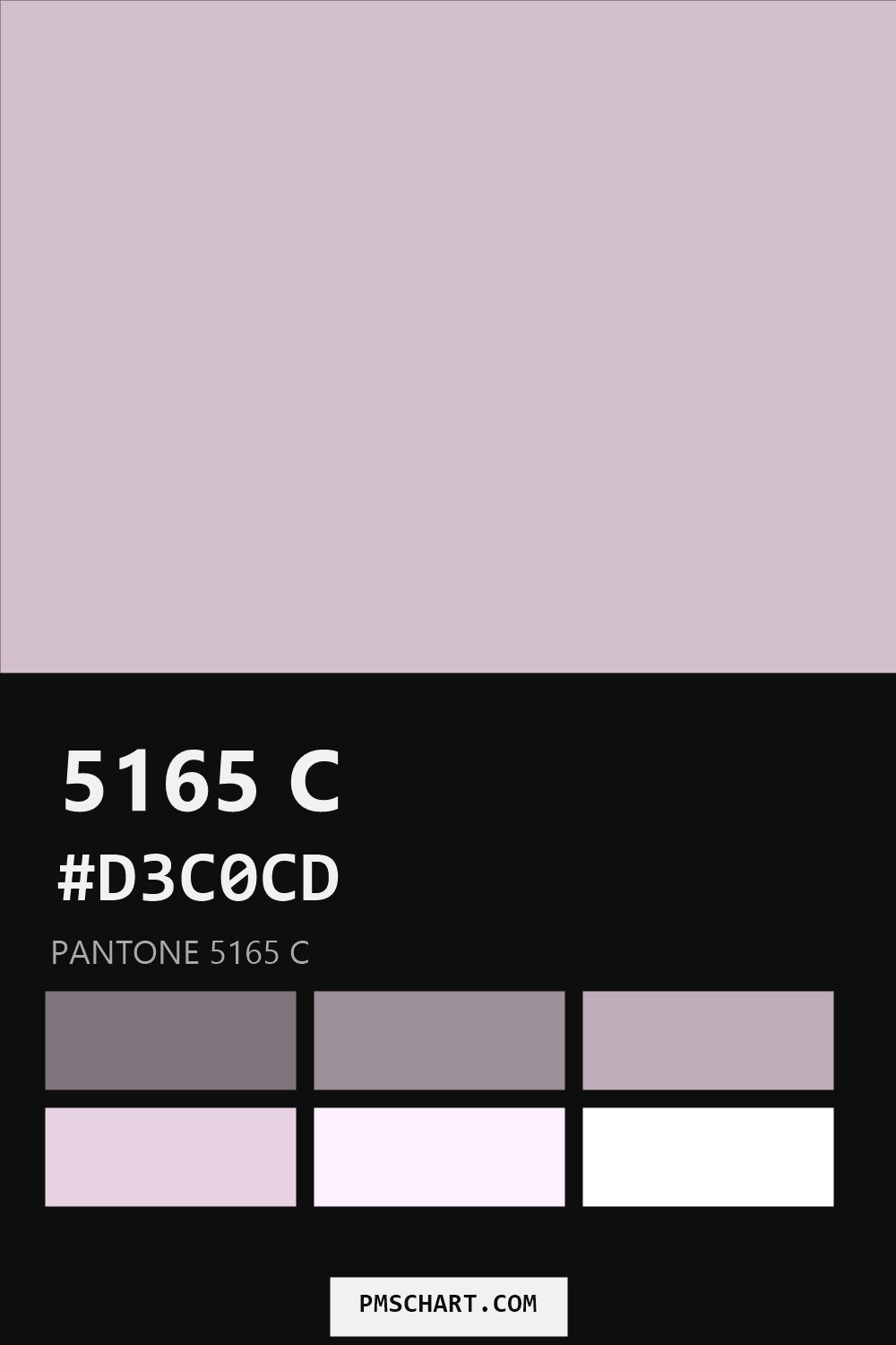 Pantone 5165 C color reference card (HEX #D3C0CD) with six nearest Pantone matches
