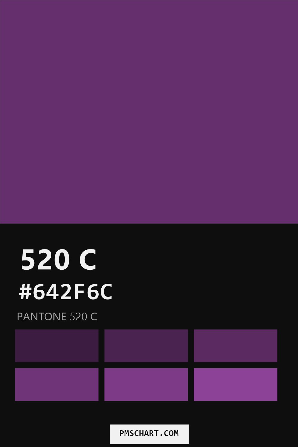 Pantone 520 C color reference card (HEX #642F6C) with six nearest Pantone matches