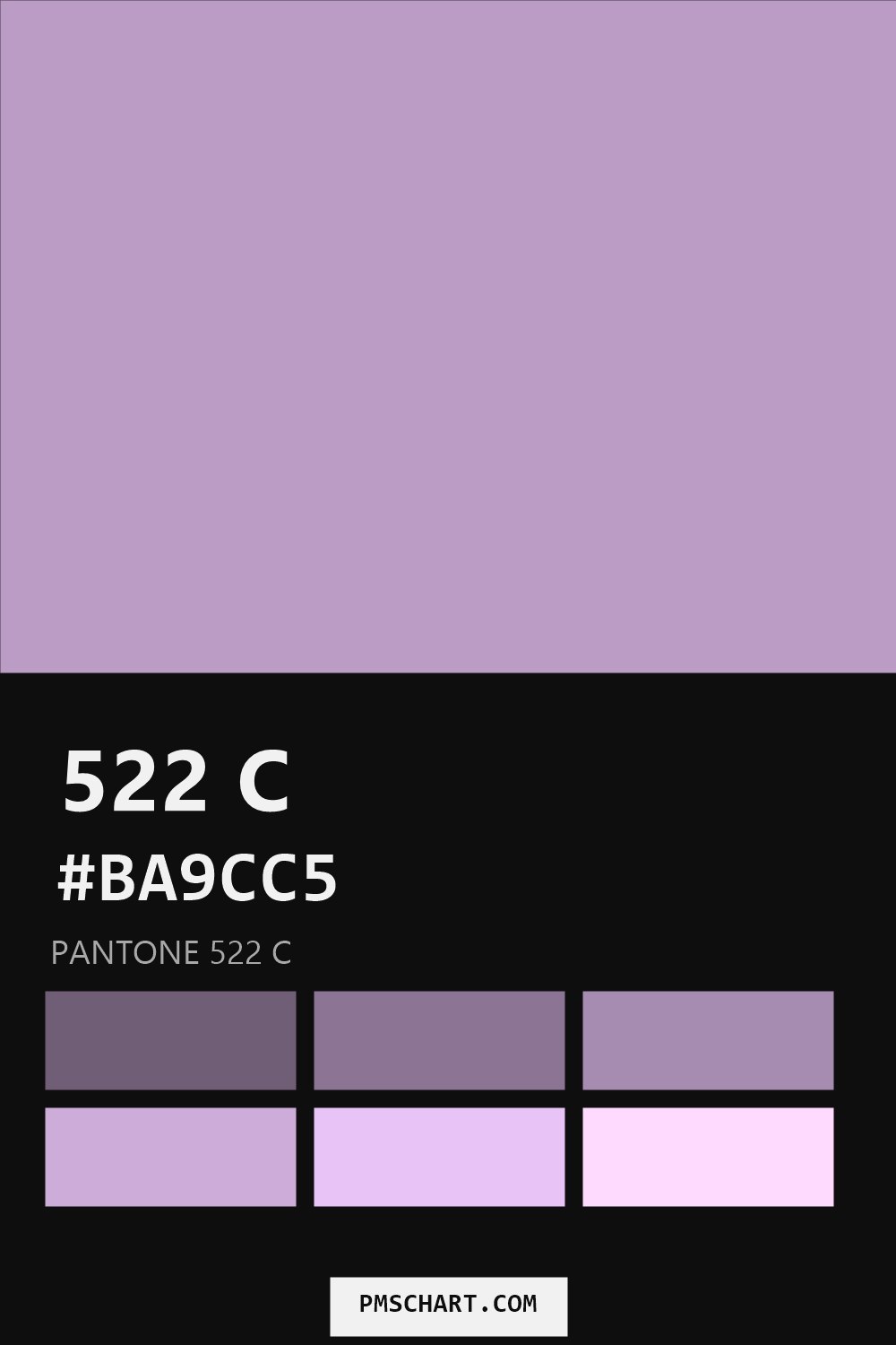 Pantone 522 C color reference card (HEX #BA9CC5) with six nearest Pantone matches