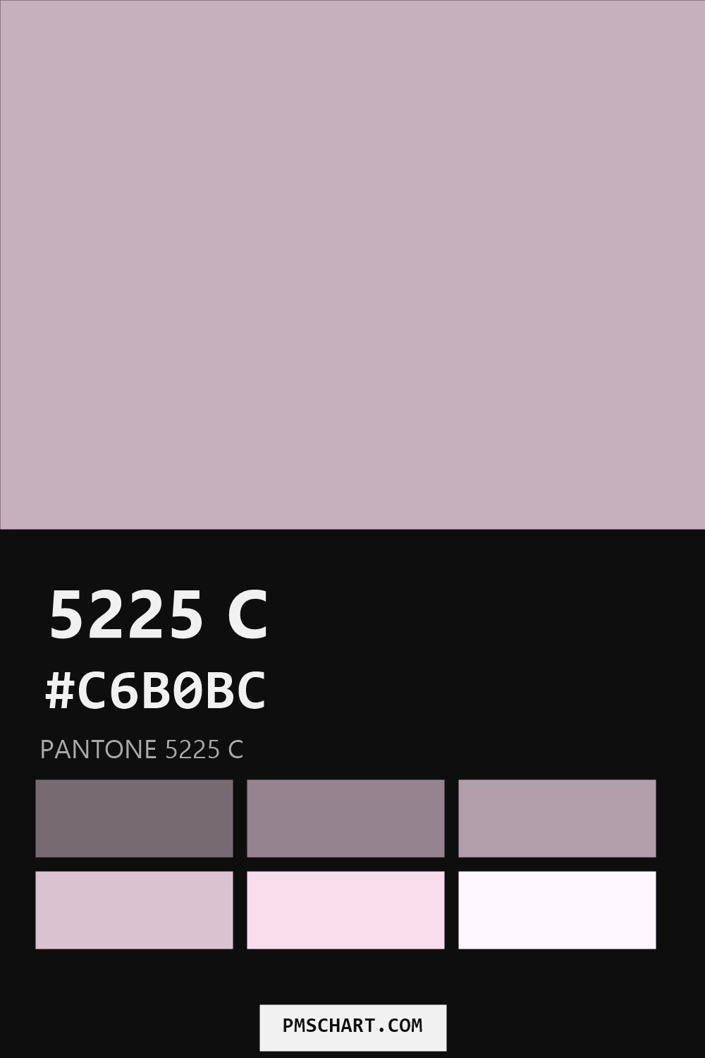 Pantone 5225 C color reference card (HEX #C6B0BC) with six nearest Pantone matches