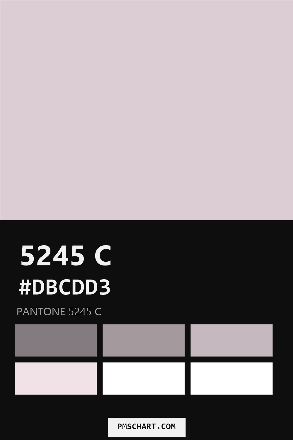 Pantone 5245 C color reference card (HEX #DBCDD3) with six nearest Pantone matches