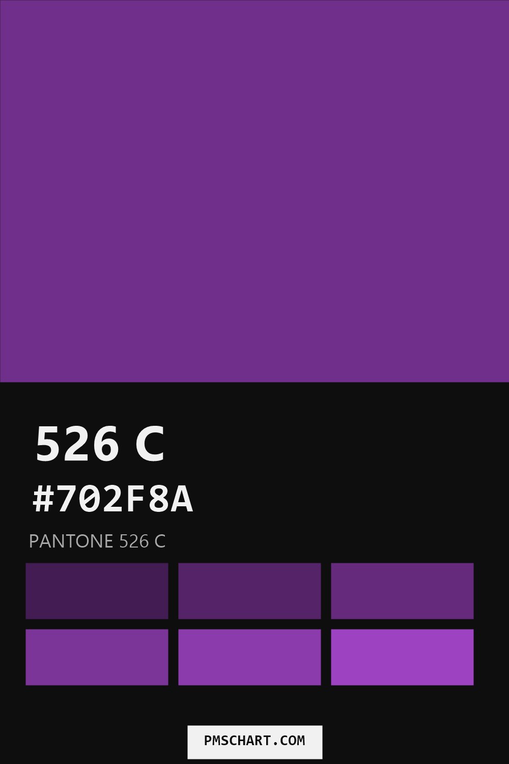 Pantone 526 C color reference card (HEX #702F8A) with six nearest Pantone matches