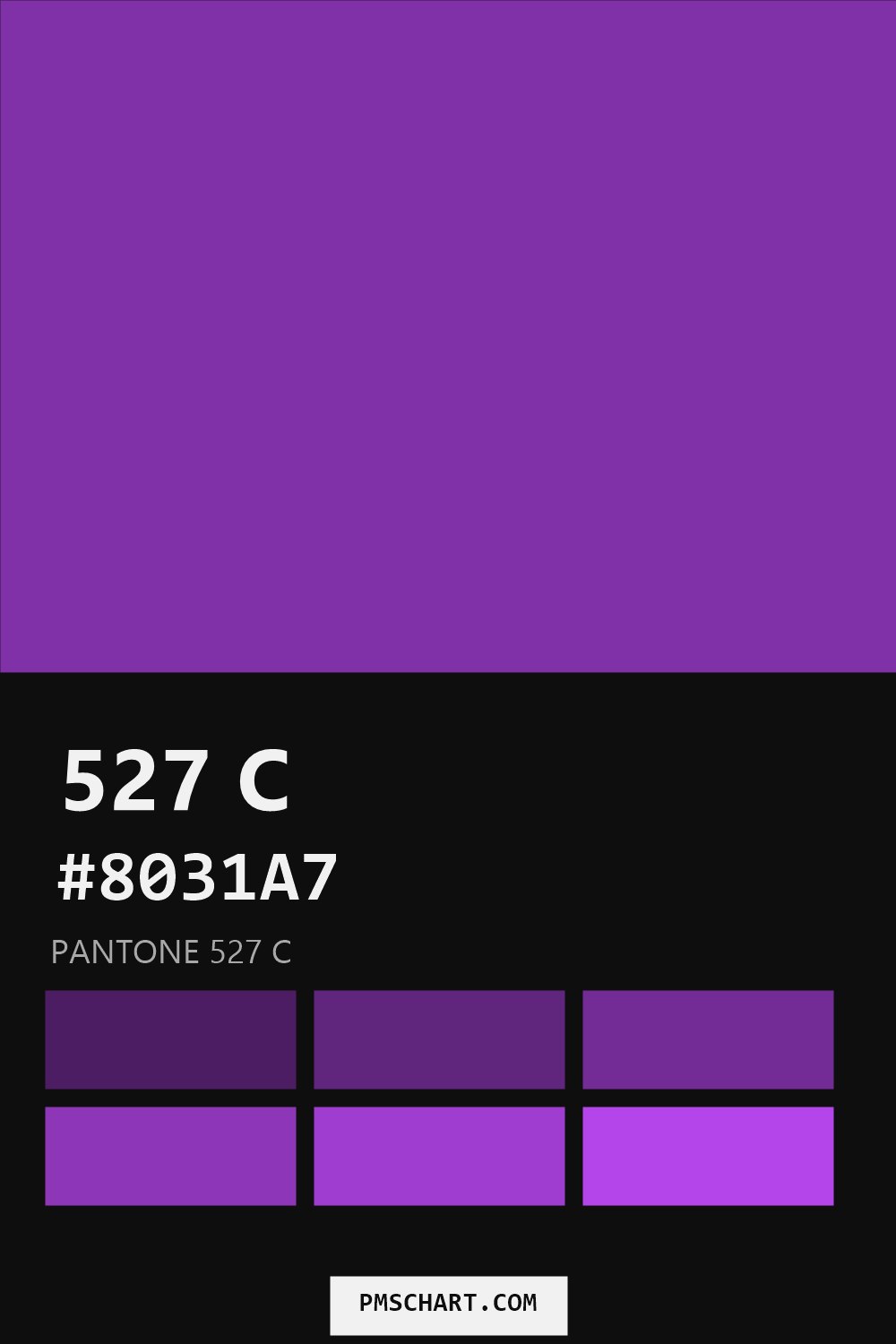 Pantone 527 C color reference card (HEX #8031A7) with six nearest Pantone matches