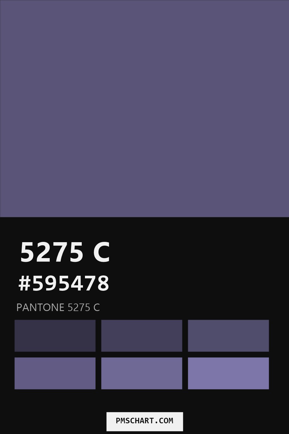 Pantone 5275 C color reference card (HEX #595478) with six nearest Pantone matches