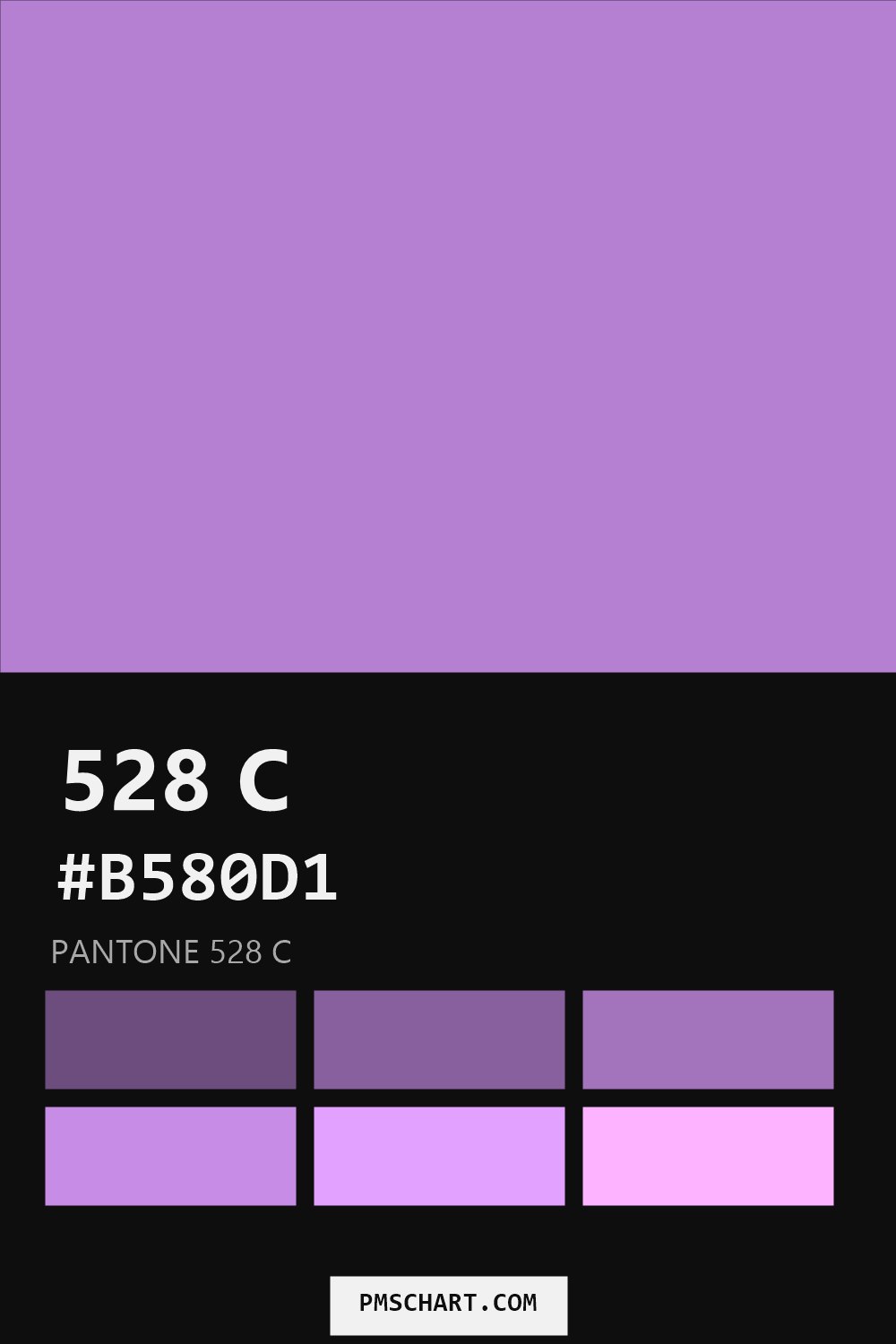Pantone 528 C color reference card (HEX #B580D1) with six nearest Pantone matches