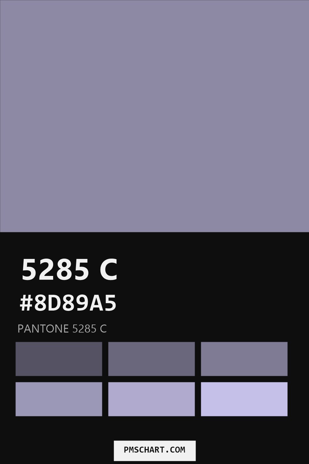 Pantone 5285 C color reference card (HEX #8D89A5) with six nearest Pantone matches