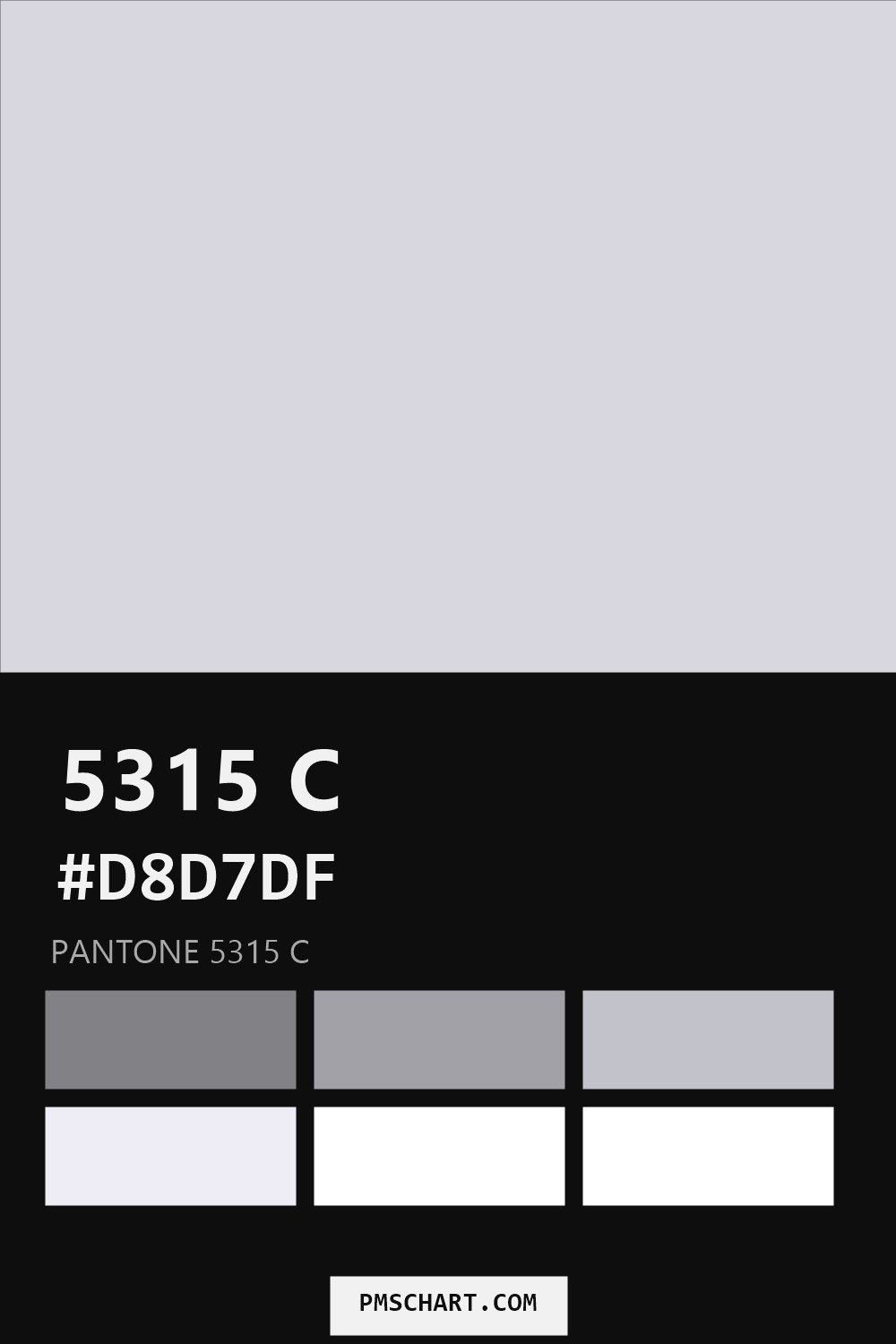 Pantone 5315 C color reference card (HEX #D8D7DF) with six nearest Pantone matches