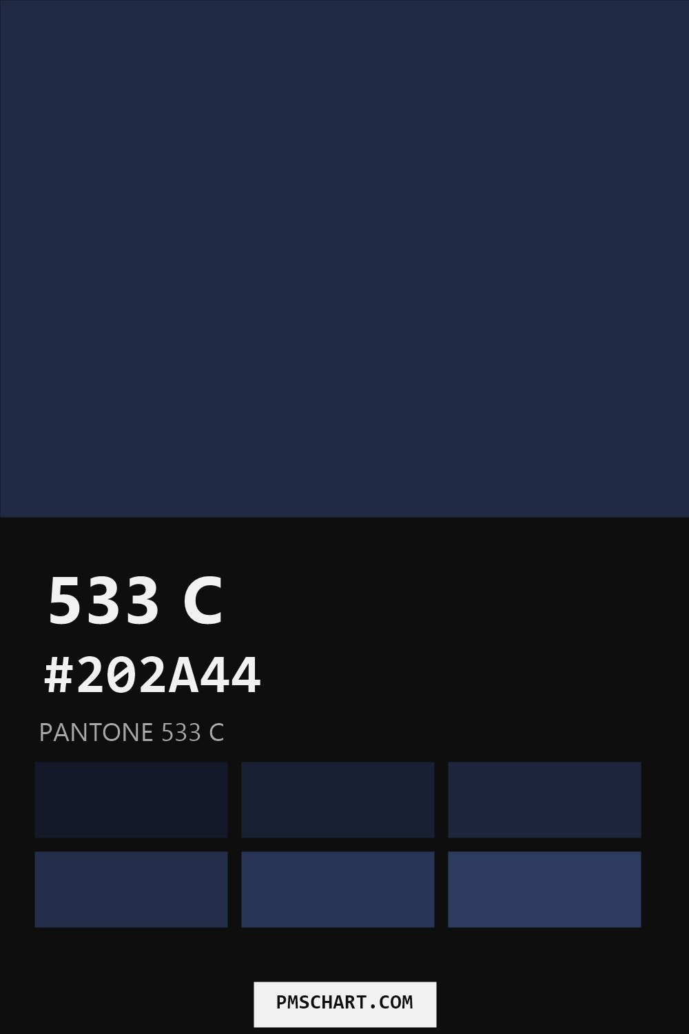 Pantone 533 C color reference card (HEX #202A44) with six nearest Pantone matches