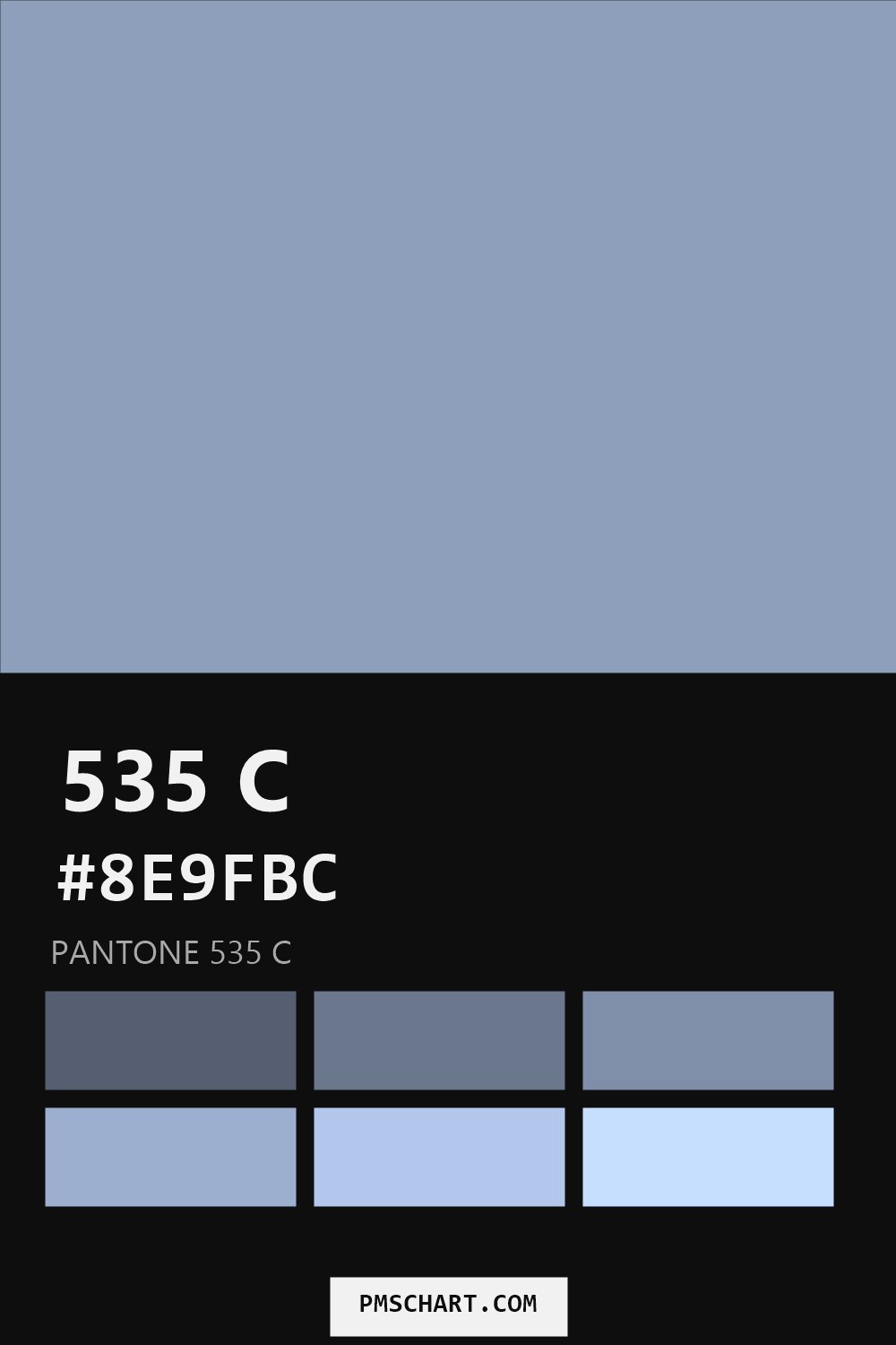 Pantone 535 C color reference card (HEX #8E9FBC) with six nearest Pantone matches