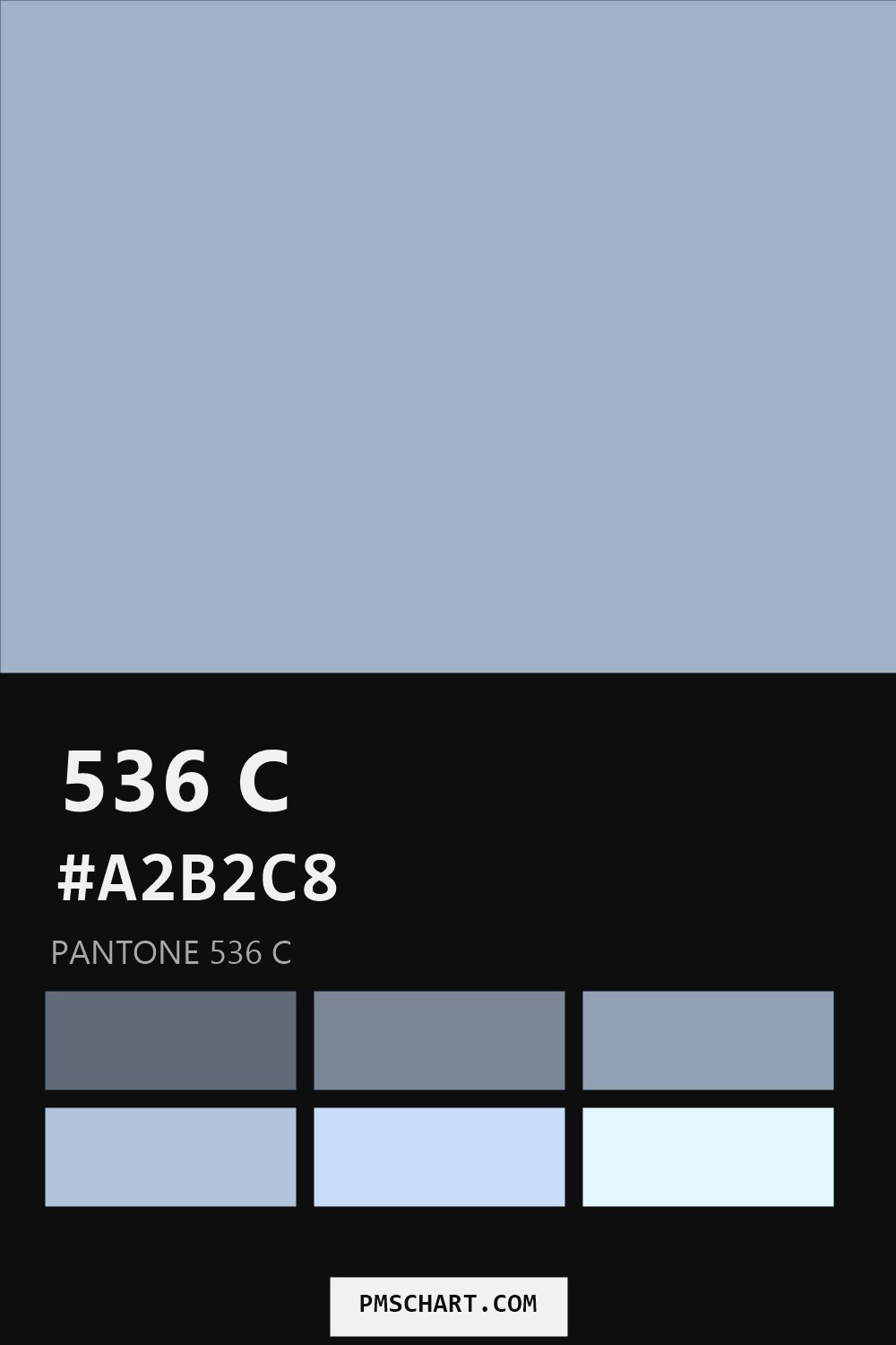 Pantone 536 C color reference card (HEX #A2B2C8) with six nearest Pantone matches