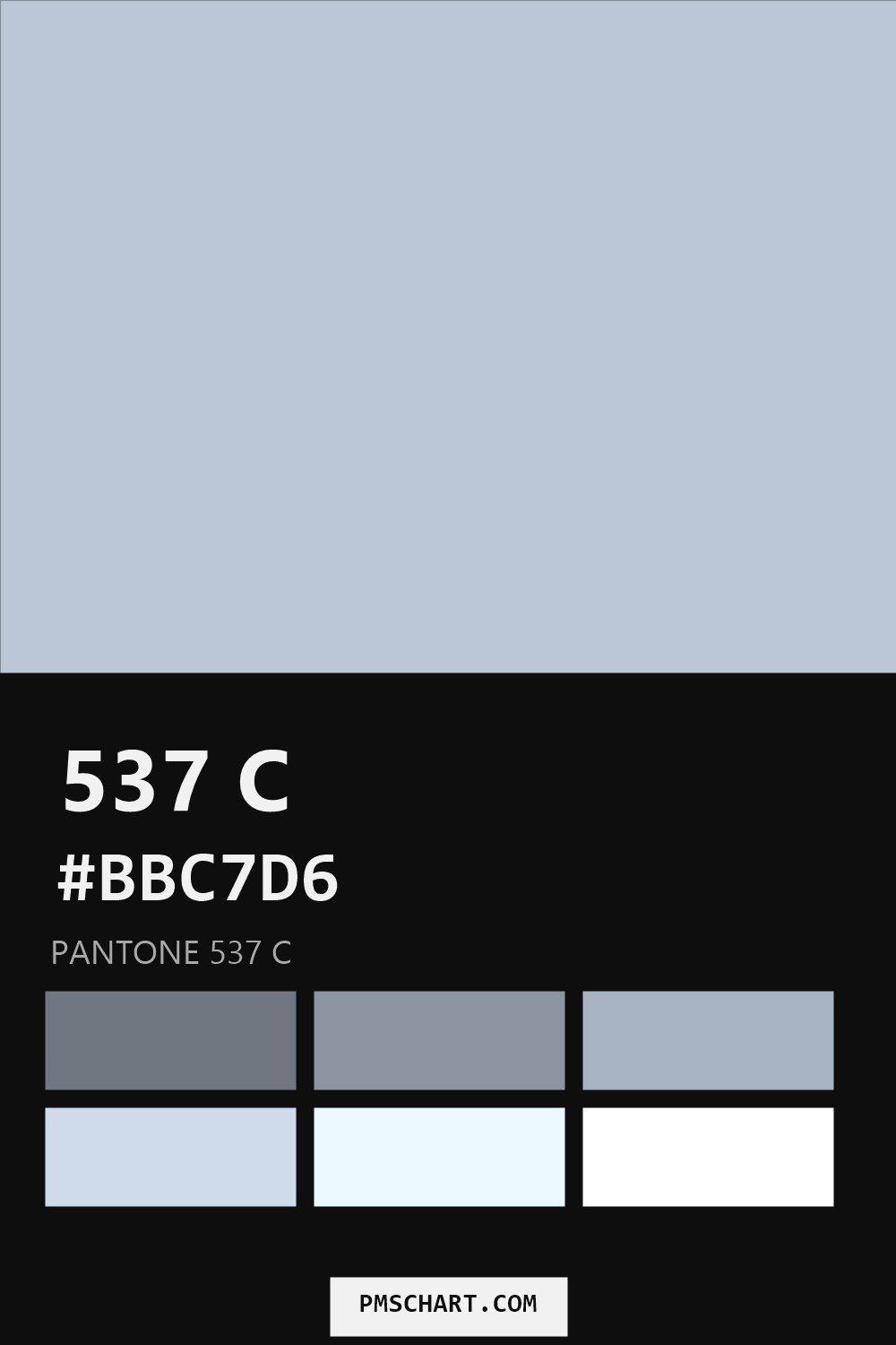 Pantone 537 C color reference card (HEX #BBC7D6) with six nearest Pantone matches