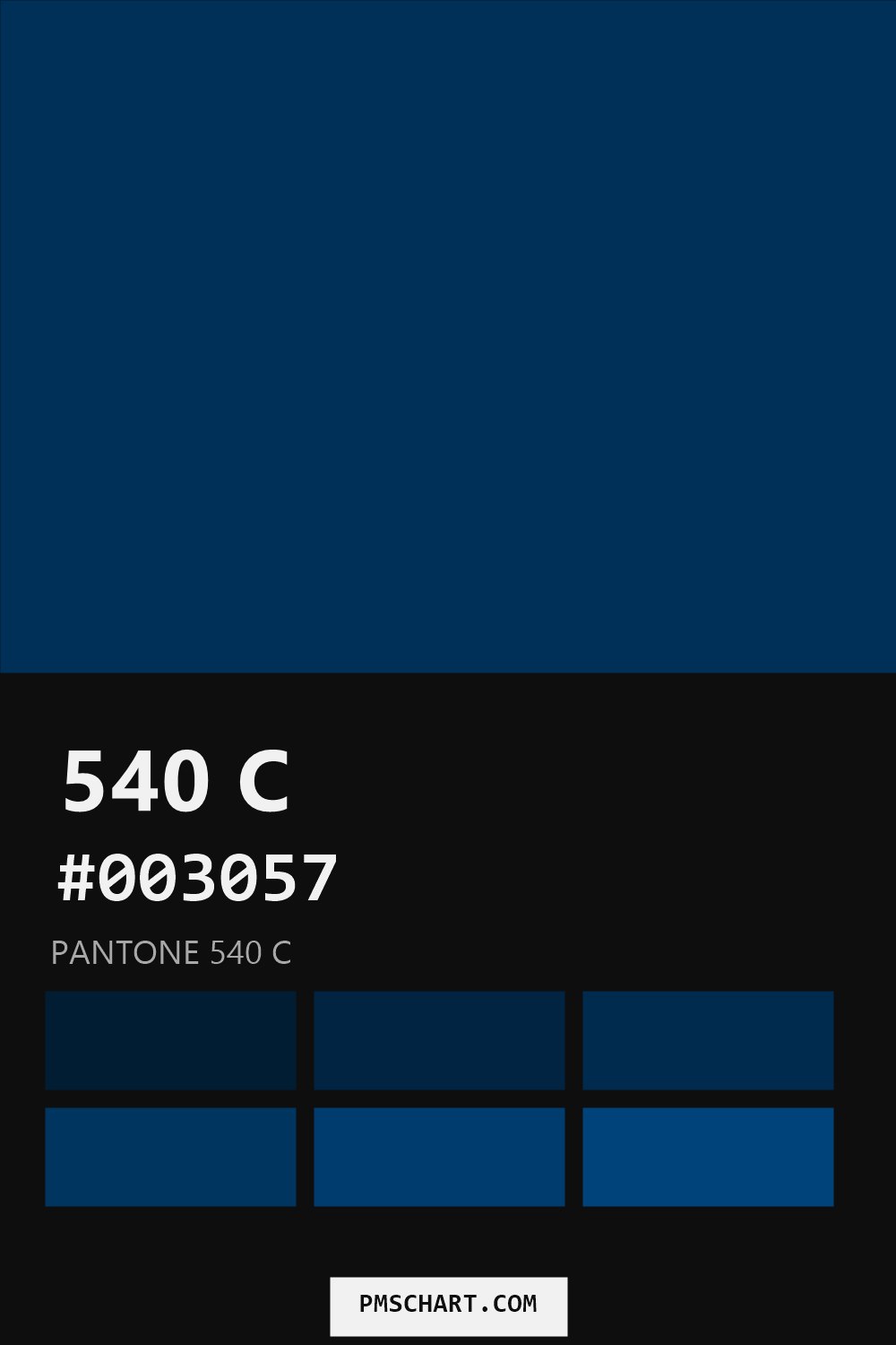 Pantone 540 C color reference card (HEX #003057) with six nearest Pantone matches