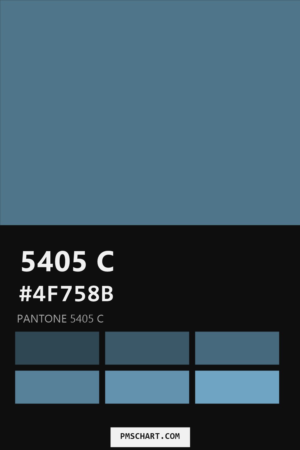 Pantone 5405 C color reference card (HEX #4F758B) with six nearest Pantone matches