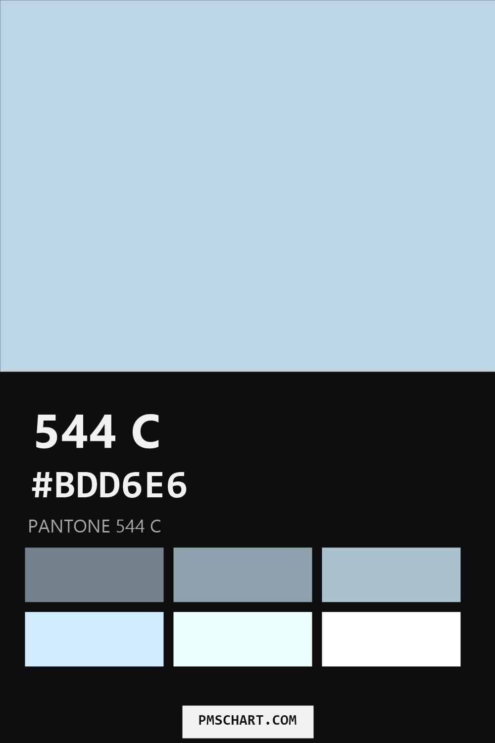 Pantone 544 C color reference card (HEX #BDD6E6) with six nearest Pantone matches