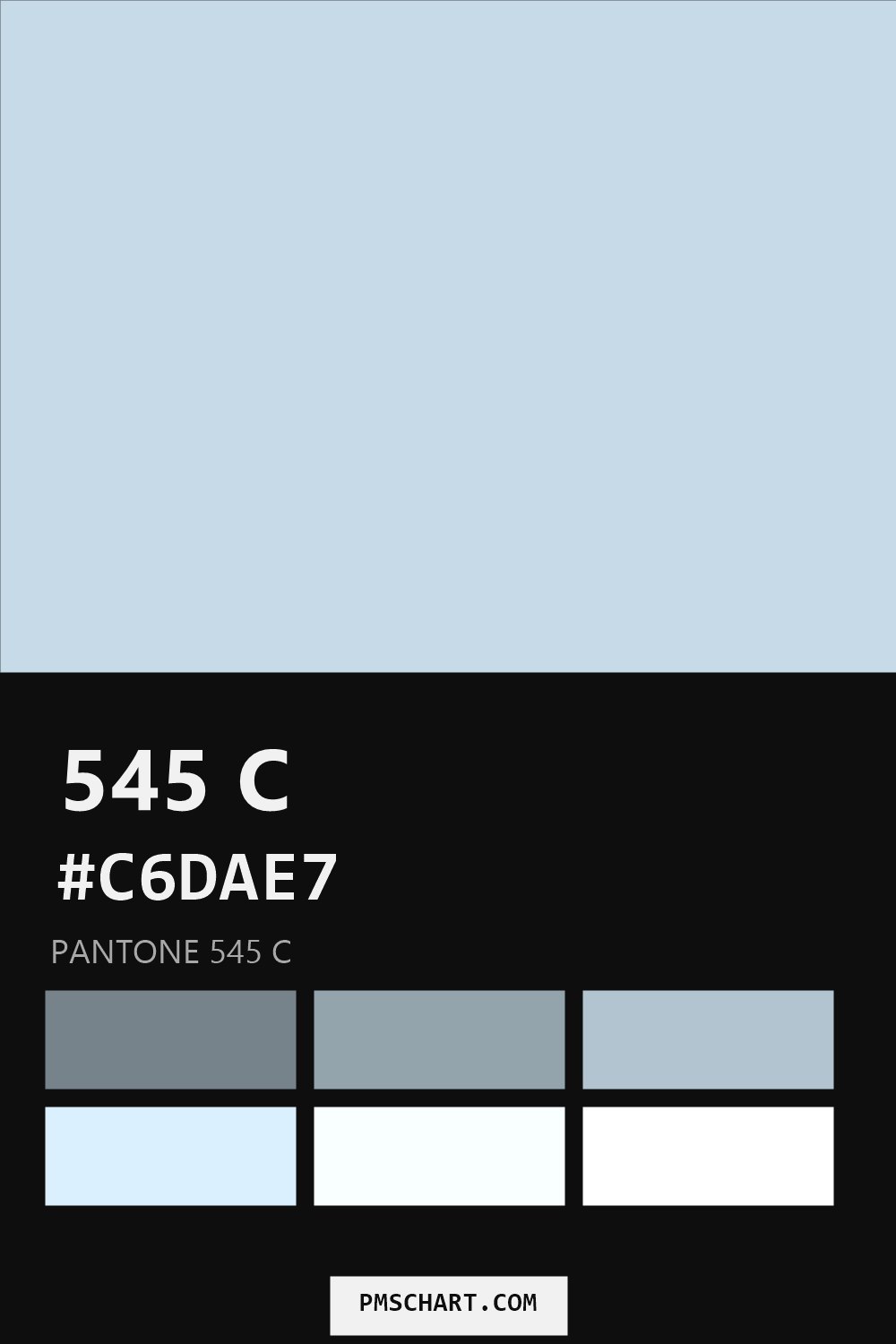 Pantone 545 C color reference card (HEX #C6DAE7) with six nearest Pantone matches