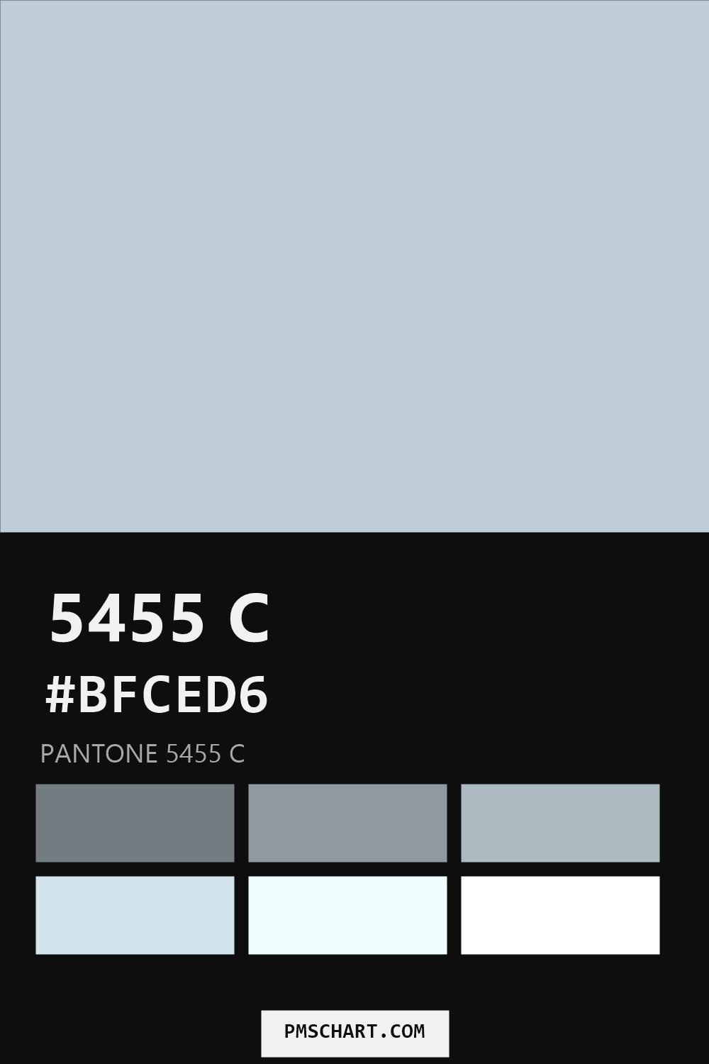 Pantone 5455 C color reference card (HEX #BFCED6) with six nearest Pantone matches