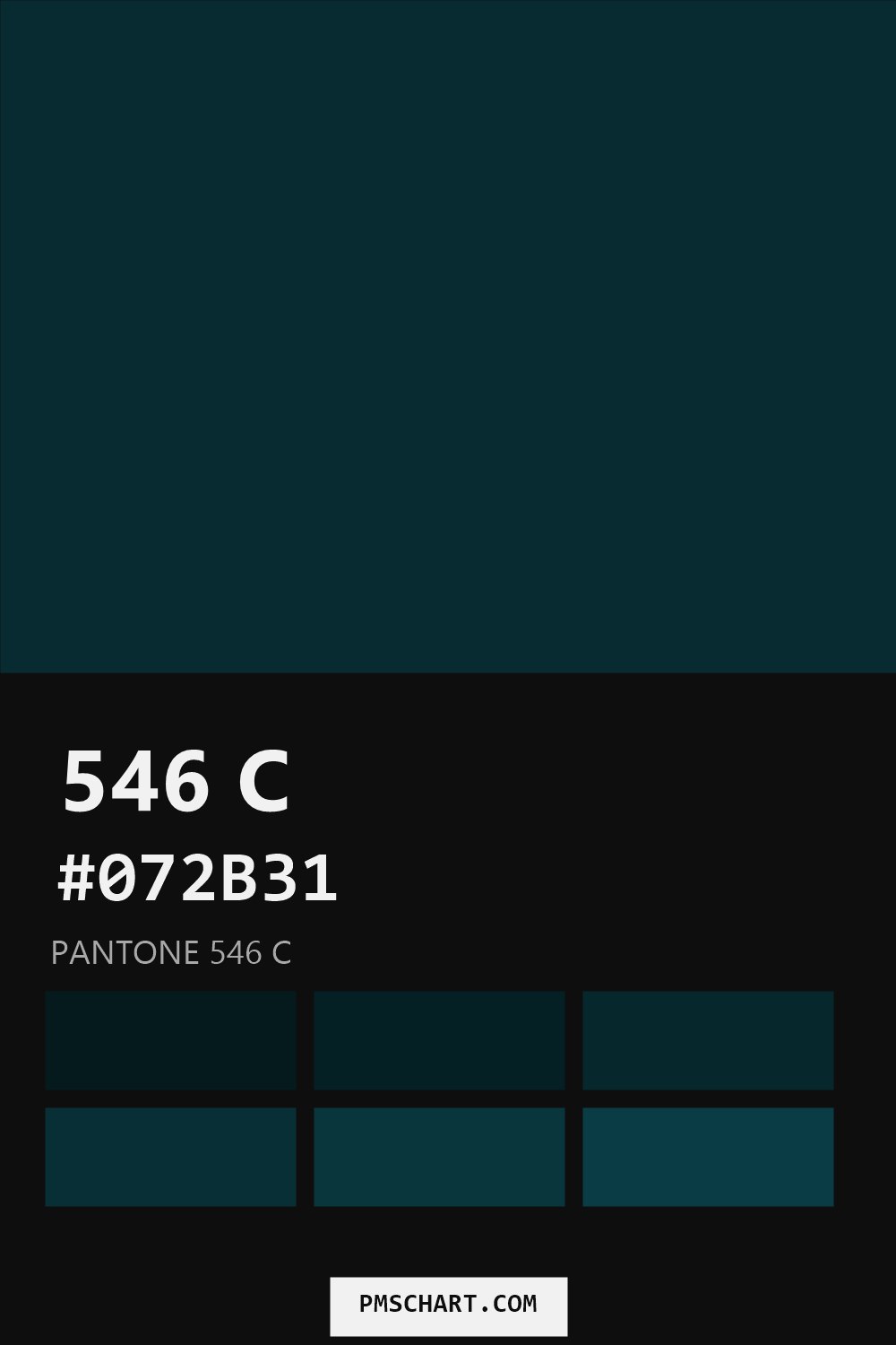 Pantone 546 C color reference card (HEX #072B31) with six nearest Pantone matches
