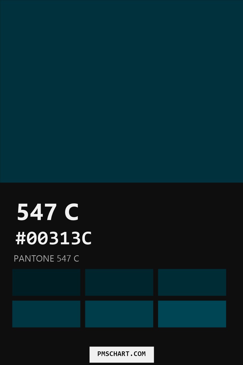 Pantone 547 C color reference card (HEX #00313C) with six nearest Pantone matches