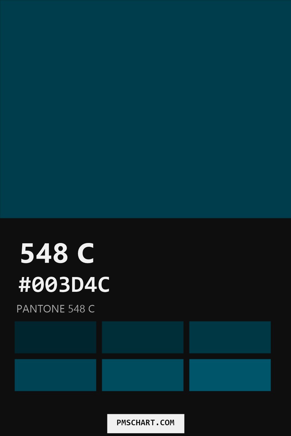 Pantone 548 C color reference card (HEX #003D4C) with six nearest Pantone matches