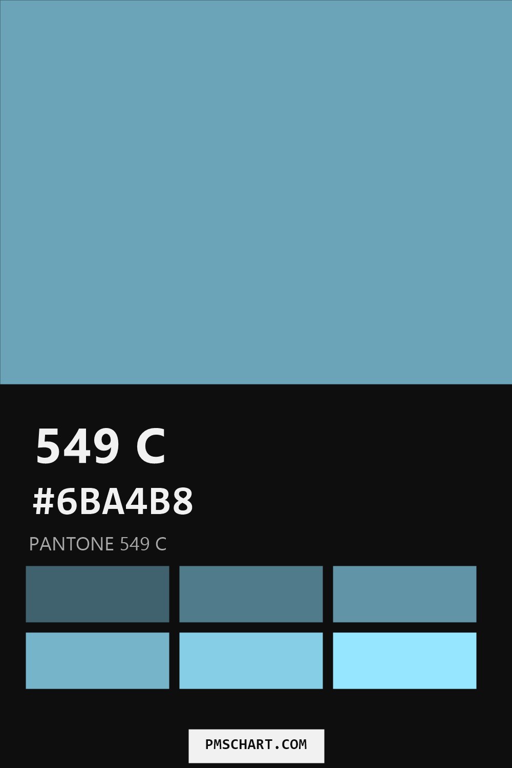 Pantone 549 C color reference card (HEX #6BA4B8) with six nearest Pantone matches