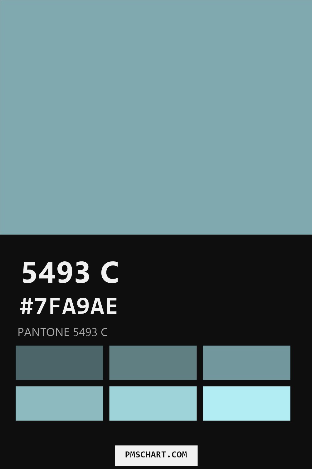 Pantone 5493 C color reference card (HEX #7FA9AE) with six nearest Pantone matches