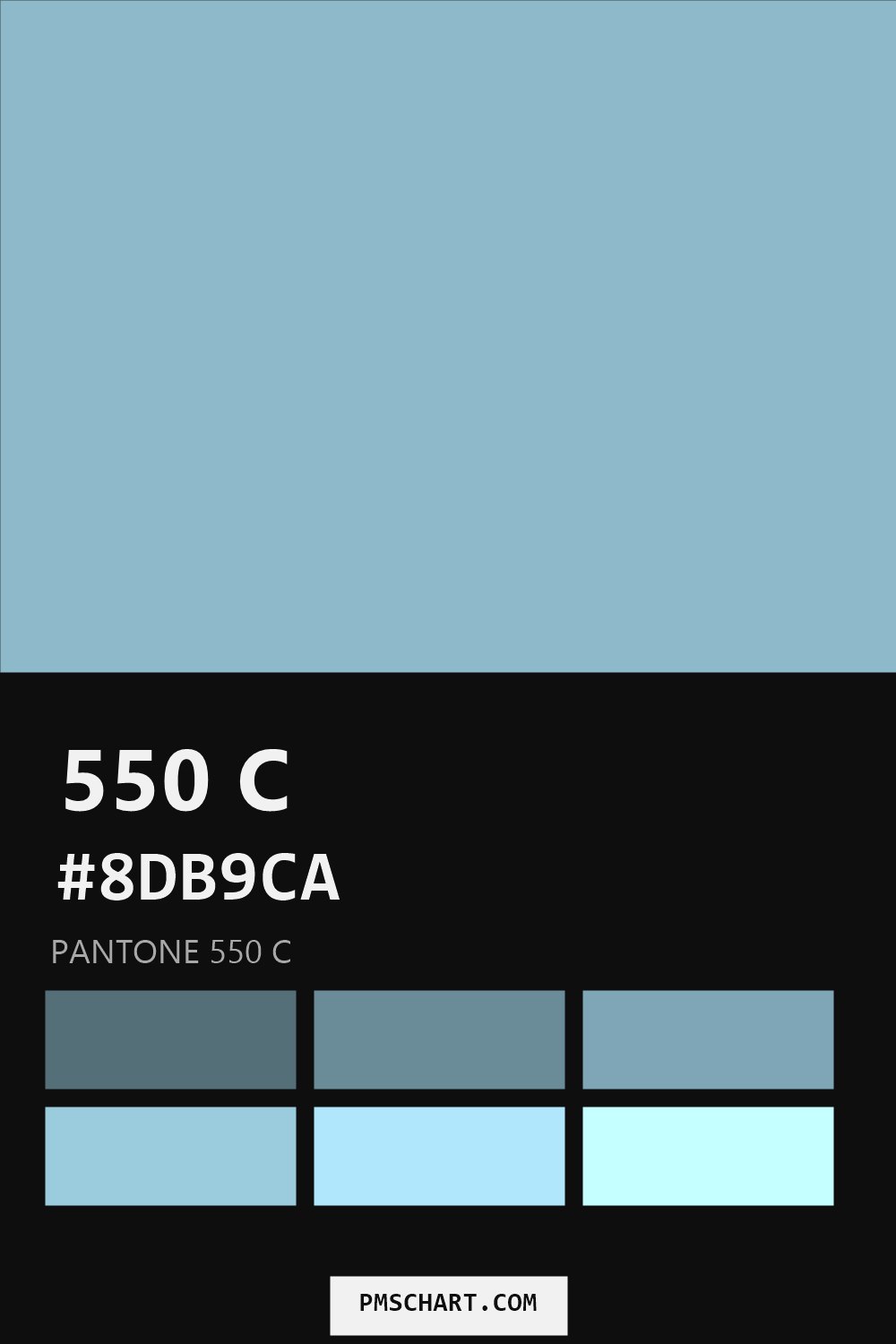 Pantone 550 C color reference card (HEX #8DB9CA) with six nearest Pantone matches