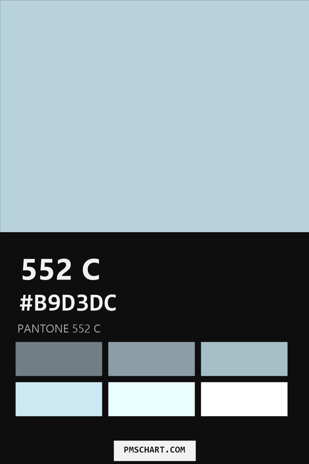 Pantone 552 C color reference card (HEX #B9D3DC) with six nearest Pantone matches