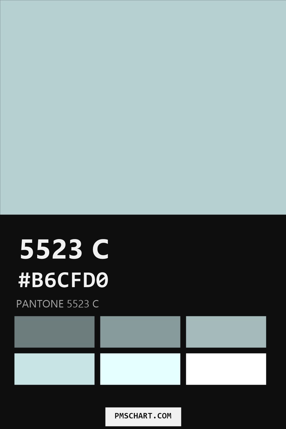 Pantone 5523 C color reference card (HEX #B6CFD0) with six nearest Pantone matches