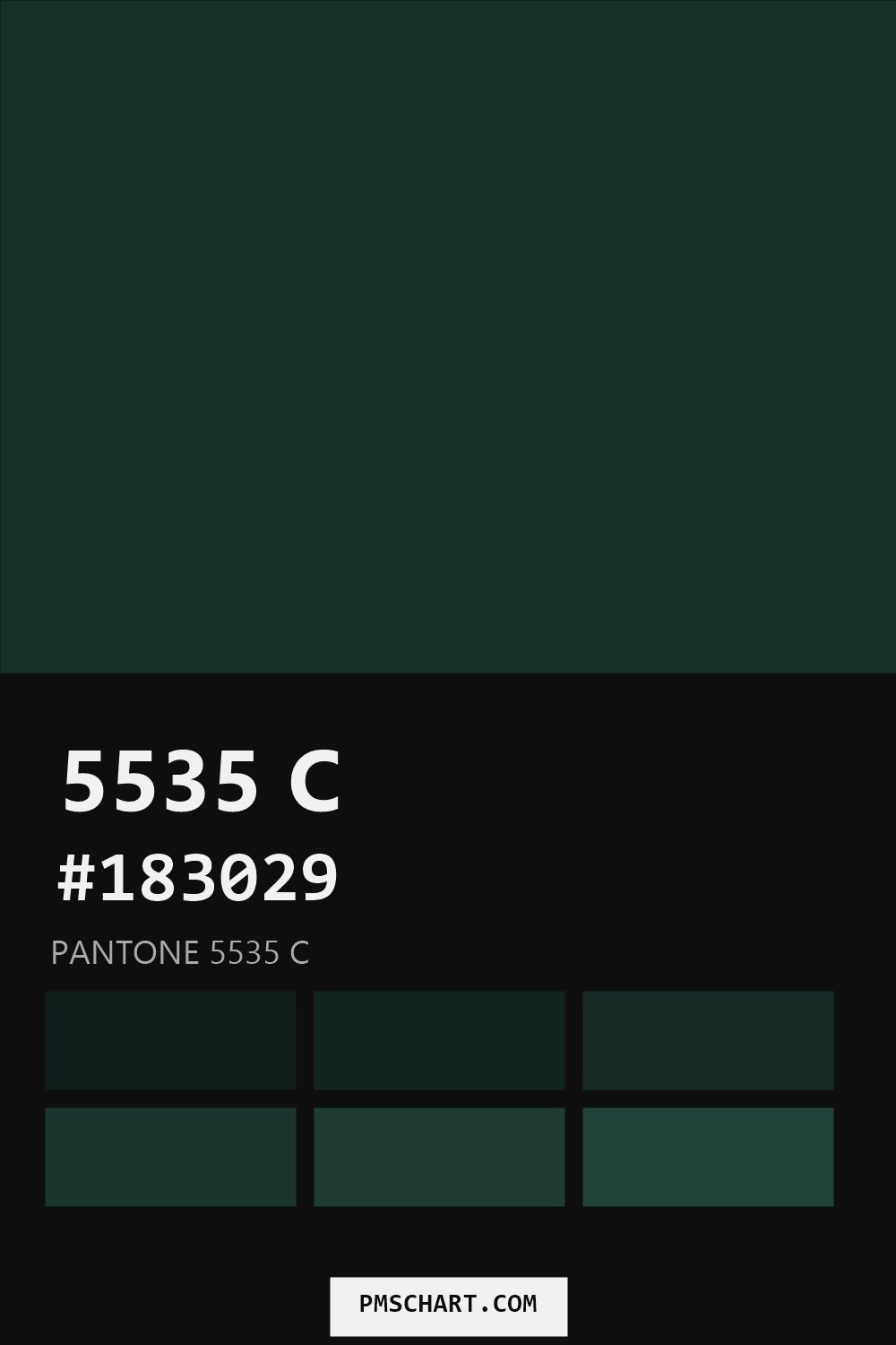 Pantone 5535 C color reference card (HEX #183029) with six nearest Pantone matches