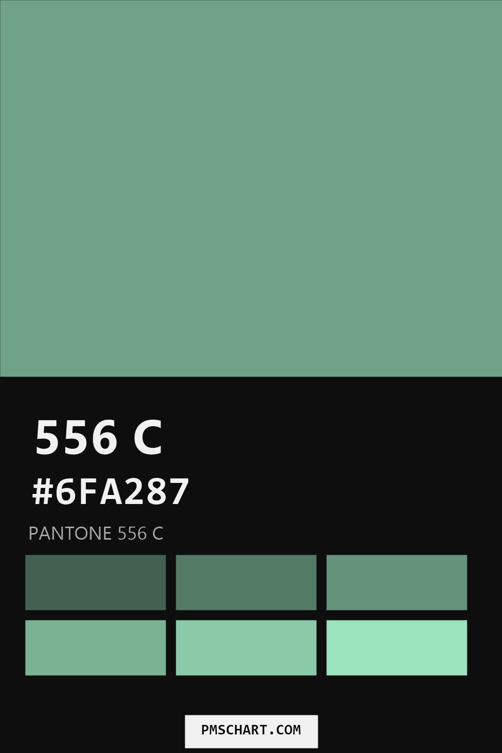 Pantone 556 C color reference card (HEX #6FA287) with six nearest Pantone matches