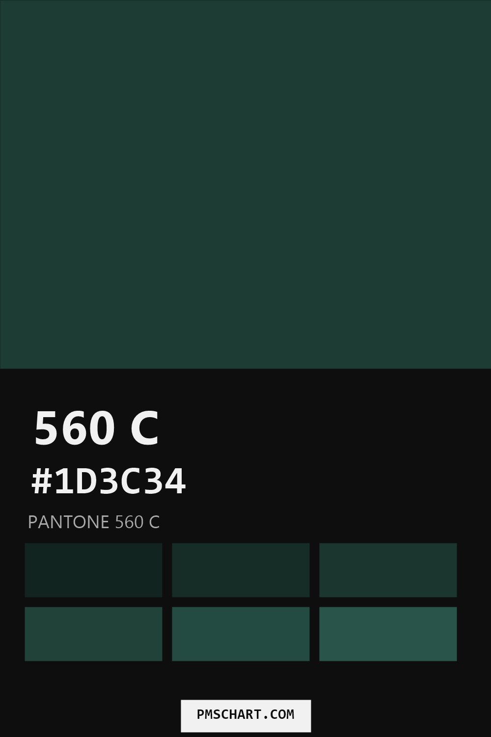 Pantone 560 C color reference card (HEX #1D3C34) with six nearest Pantone matches
