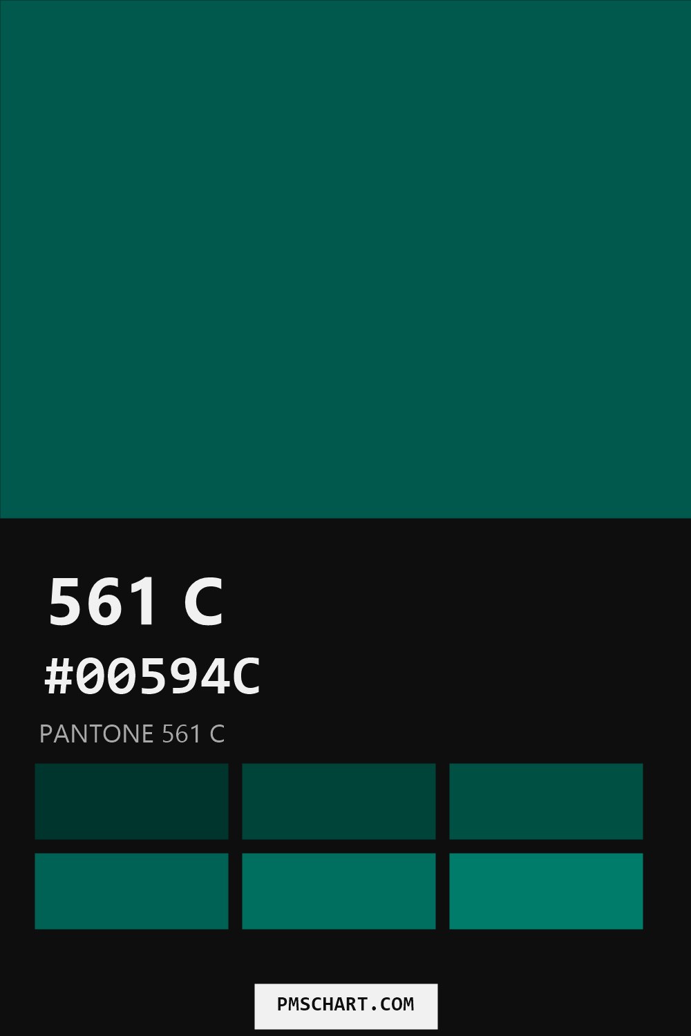 Pantone 561 C color reference card (HEX #00594C) with six nearest Pantone matches