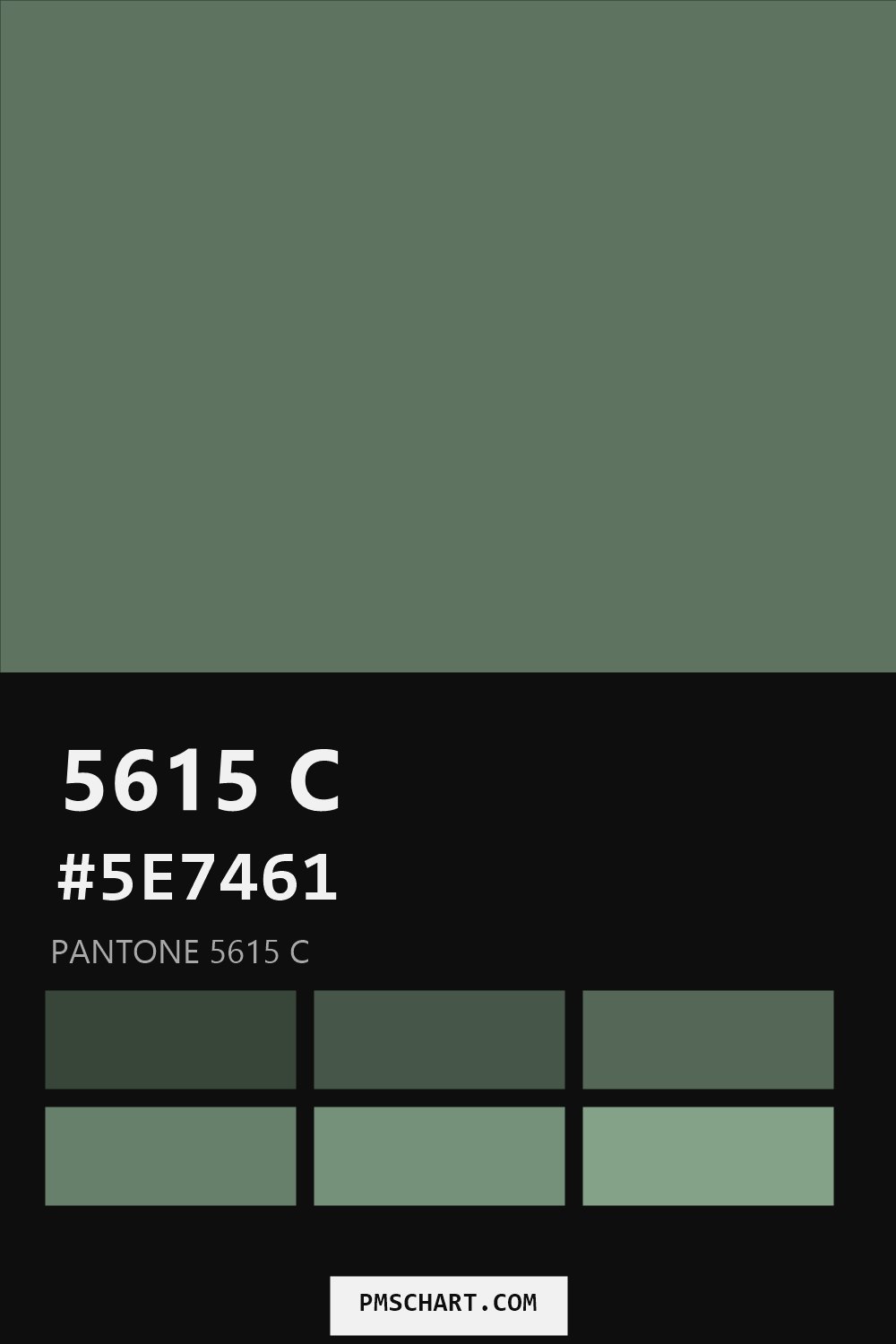 Pantone 5615 C color reference card (HEX #5E7461) with six nearest Pantone matches