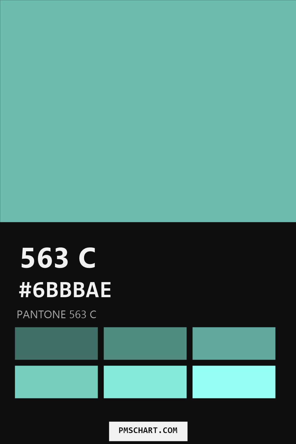 Pantone 563 C color reference card (HEX #6BBBAE) with six nearest Pantone matches