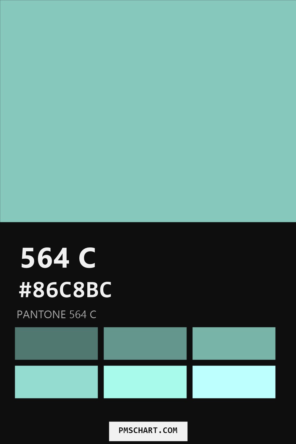Pantone 564 C color reference card (HEX #86C8BC) with six nearest Pantone matches
