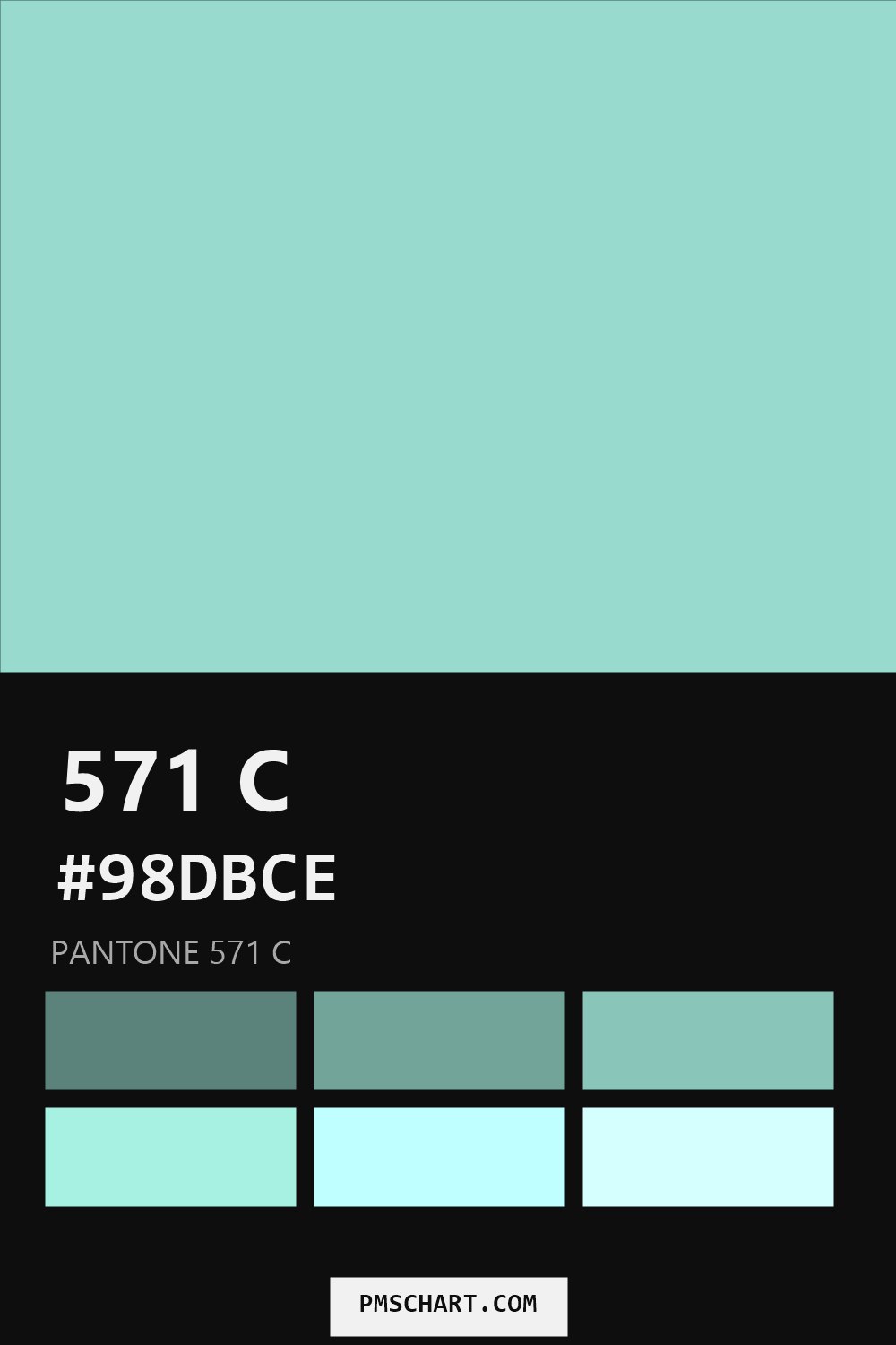 Pantone 571 C color reference card (HEX #98DBCE) with six nearest Pantone matches
